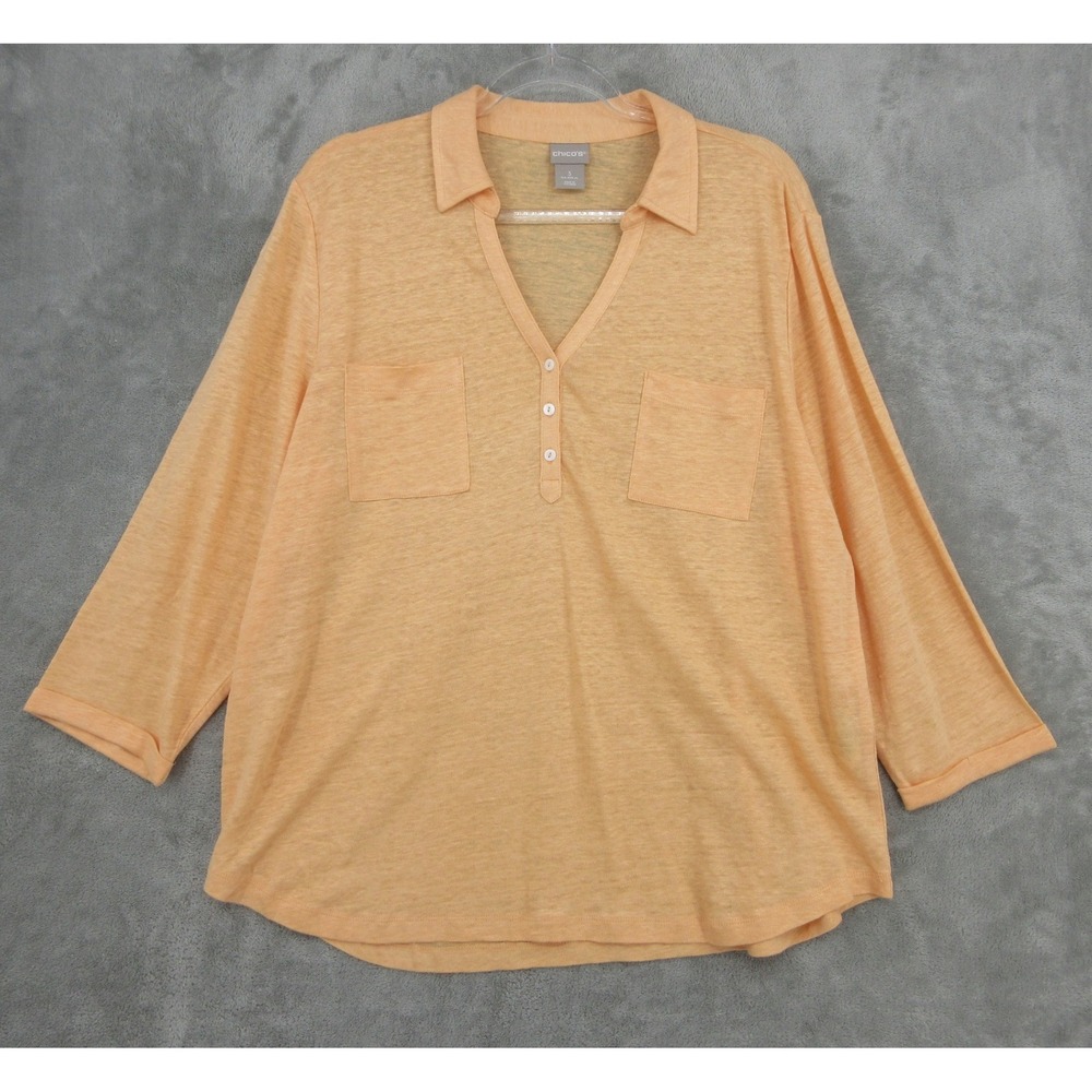 Chicos Top Womens Size 3 XL Orange Linen Henley Quiet Luxury Relaxed Boxy Knit